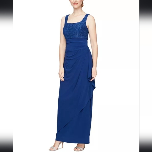 NWT Alex Evenings 2-Pc Lace Glitter Bolero Gown in Royal Blue Size 8 Petite - Picture 3 of 13